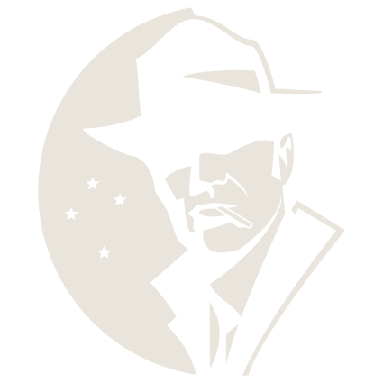 Noir illustration of a detective in a fedora, smoking, in front of a full moon marked with the Southern Cross